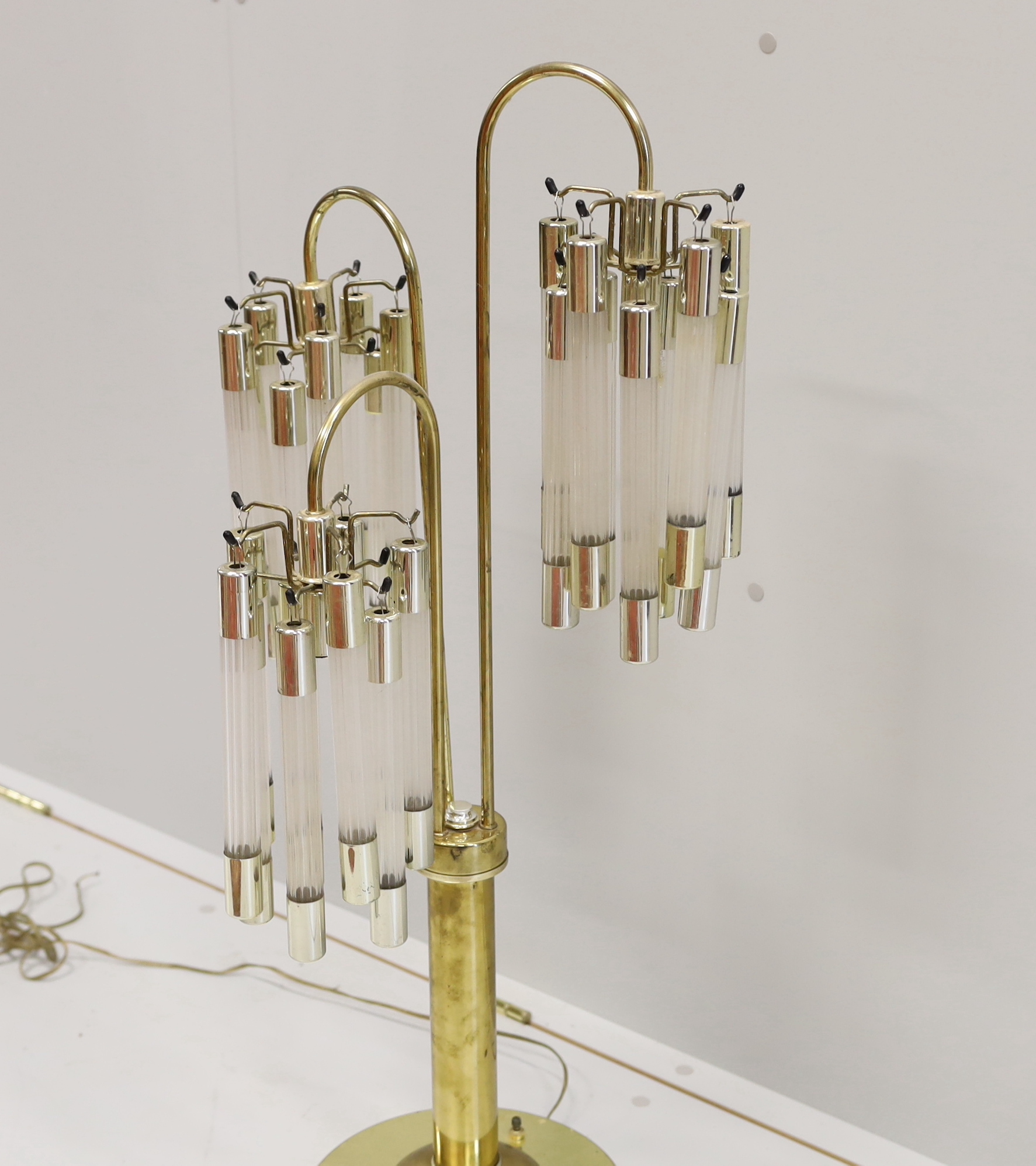 A contemporary brass and perspex three branch table lamp, height 91cm
